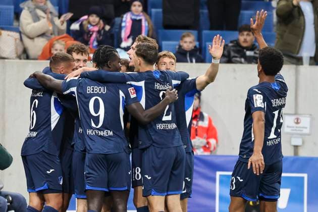 Goal celebration TSG Hoffenheim at 3 1 by Grischa Prömel, Promel TSG Hoffenheim, 06 , Germany, Soccer, 1 Bundesliga, 10 Matchday, 2025 2026, TSG Hoffenheim vs RB Leipzig, 08 11 2025, PreZero Arena, Sinsheim, Germany Sinsheim PreZero Arena Baden Württemberg Germany Copyright: xGrantxHubbsx
