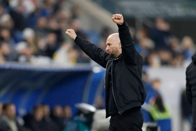 f l n r Coach Christian Ilzer TSG 1899 Hoffenheim Jubilation, joy, rejoice, jubilant, cheered, jubilation, joy, rejoice, jubilant, cheered, rejoices, rejoice after the win against Leipzig, 08 11 2025, Soccer, Bundesliga, TSG Hoffenheim RB Leipzig, GER, Sinnsheim, PreZero Arena, DFL REGULATES PROHIBIT ANY USE OF PHOTOGRAPHS AS IMAGE SEQUENCES AND OR QUASI VIDEO Copyright: HMBxMedia xHeikoxBecker