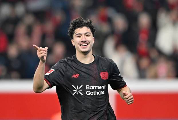 Cheering Ibrahim Maza Bayer Leverkusen after his goal for 6 0, Soccer 1 Bundesliga,10 Matchday, Bayer 04 Leverkusen 1 FC Heidenheim, on 08 11 2025 in Leverkusen Germany DFL regulations prohibit any use of photographs as image sequences and or quasi video Â