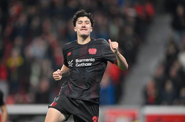 Cheering Ibrahim Maza Bayer Leverkusen after his goal for 6 0, Soccer 1 Bundesliga,10 Matchday, Bayer 04 Leverkusen 1 FC Heidenheim, on 08 11 2025 in Leverkusen Germany DFL regulations prohibit any use of photographs as image sequences and or quasi video Â