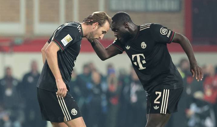 Harry Kane cheers after 2 2 with Dayot Upamecano joy emotion jubilation Sport Football Soccer Bundesliga Men DFL 10 Matchday Season 2025 2026 08 11 2025 1 FC Union Berlin FCU vs FC Bayern Munich FCB DFL regulations prohibit any use of photographs as image sequences and or quasi video