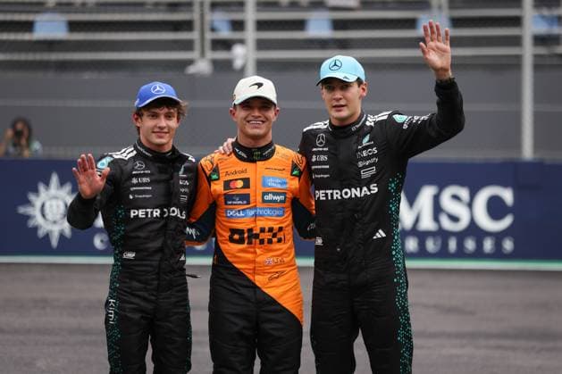 F1 - SAO PAULO GRAND PRIX 2025 KIMI ANTONELLI Andrea (ita), Mercedes AMG F1 Team W16, NORRIS Lando (gbr), McLaren F1 Team MCL39, RUSSELL George (gbr), Mercedes AMG F1 Team W16, portrait during the 2025 Formula 1 Grande Premio de Sao Paulo, 2025 Sao Paulo Grand Prix, 21th round of the 2025 FIA Formula One World Championship, WM, Weltmeisterschaft from November 7 to 9, 2025 on the Interlagos, in Sao Paulo, Brazil - Sao PauloBrazil Copyright: xANTONINxVINCENTx