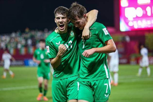 2025 FIFA Under 17 World Cup Group J, Aspire Zone Pitch 9, Doha, Qatar 8 11 2025 Republic of Ireland vs Uzbekistan Ireland™s Grady McDonnell celebrates with Max Kovalevskis after he scores his sides 1st goal of the match Grady McDonnell celebrates with Max Kovalevskis after he scores his sides 1st goal of the match 8 11 2025  Copyright: x INPHOx IMG_5833