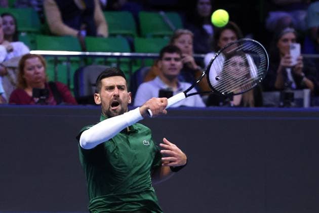 Novak Djokovic vs Yannick Hanfmann - ATP, Tennis Herren 250 tournament ATHENS, GREECE - NOVEMBER 8: Novak Djokovic of Serbia in action against Lorenzo Musetti (not seen) of Italy during the Hellenic Championship ATP 250 final tennis match, at OAKA Olympic Athletic Center in Athens, Greece, on November 8, 2025. Costas Baltas Anadolu Athens Greece. Editorial use only. Please get in touch for any other usage.  Copyright: x2025xAnadoluxCostasxBaltasx