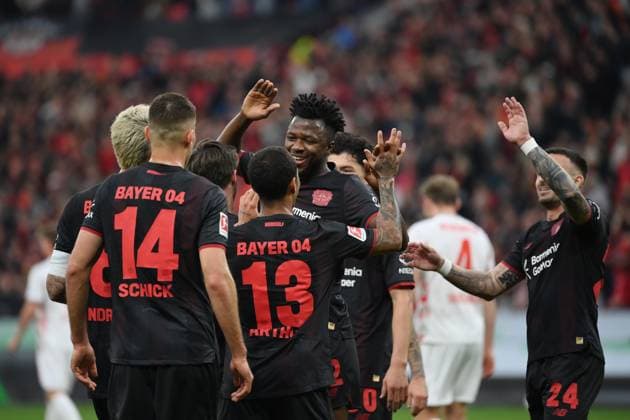 Jubel Leverkusenv li , Patrik Schick Bayer 04 Leverkusen , Jonas Hofmann Bayer 04 Leverkusen , Arthur Bayer 04 Leverkusen , Edmond Tapsoba Bayer 04 Leverkusen , Aleix Garcia Bayer 04 Leverkusen 08 11 2025, Soccer 1 Bundesliga, Season 2025 2026, 10 Matchday, Bayer 04 Leverkusen 1 FC Heidenheim 6 0 DFL regulations prohibit any use of photographs as image sequences and or quasi video Leverkusen BayArena Nordrhein Westfalen Germany Team2