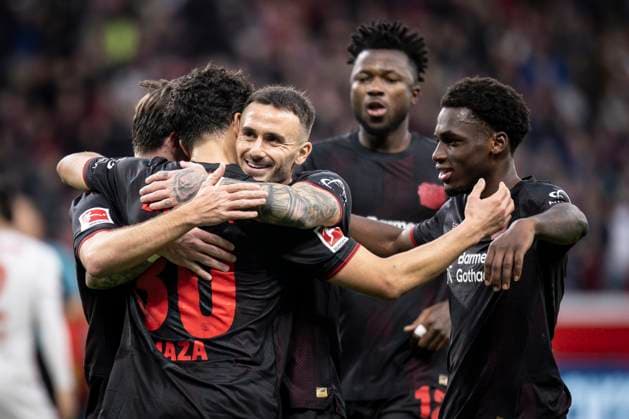 LEVERKUSEN, GERMANY - NOVEMBER 8: Scorer Ibrahim Maza (Bayer 04 Leverkusen, 30) celebrates his goal with Aleix Garcia (Bayer 04 Leverkusen, 24), Edmond Tapsoba (Bayer 04 Leverkusen, 12), Ernest Poku (Bayer 04 Leverkusen, 19) during the Bundesliga match (gameday 10) between Bayer 04 Leverkusen vs. 1. FC Heidenheim at BayArena on November 8, 2025 in Leverkusen, Germany. (Photo by Axel Kohring Beautiful Sports) DFL REGULATIONS PROHIBIT ANY USE OF PHOTOGRAPHS AS IMAGE SEQUENCES AND OR QUASI-VIDEO. Nordrhein-Westfalen Germany Copyright: xBEAUTIFULxSPORTS AxelxKohringx