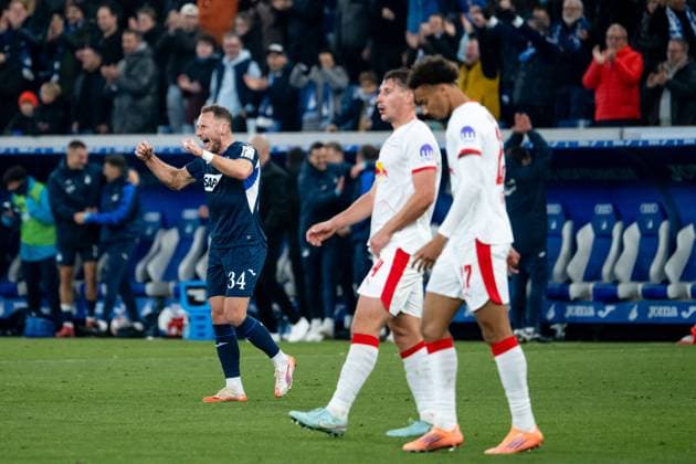 Vladimir Coufal TSG Hoffenheim, 34 celebrates the win, Willi Orban RB Leipzig, 04 , Tidiam Gomis RB Leipzig, 27 is annoyed, GER, TSG 1899 Hoffenheim vs RB Leipzig, Soccer Bundesliga, Matchday 10, Season 2025 2026, 07 11 2025 DFB DFL regulations prohibit any use of photographs as image sequences and or quasi video GER, TSG 1899 Hoffenheim vs RB Leipzig, Fussball Bundesliga, 10 Spieltag, Saison 2025 2026, 07 11 2025 Sinsheim Copyright: xEibner-Pressefoto Memmlerx EP_MMR