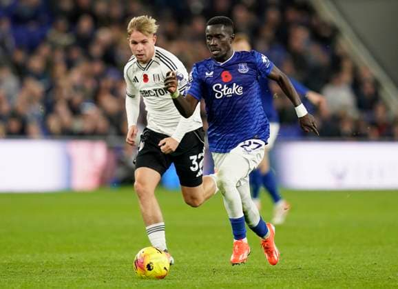 Liverpool, England, 8th November 2025. Idrissa Gueye of Everton (R) is challenged by Emile Smith Rowe of Fulham during the Everton vs Fulham Premier League match at Hill Dickinson Stadium, Liverpool. Picture credit should read: Andrew Yates Sportimage EDITORIAL USE ONLY. No use with unauthorised audio, video, data, fixture lists, club league logos or live services. Online in-match use limited to 120 images, no video emulation. No use in betting, games or single club league player publications. SPI_021_AY_EVERTON_FULHAM SPI-4273-0021