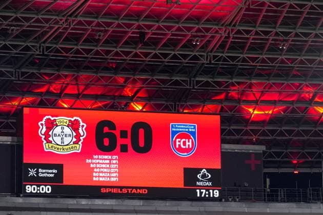 LEVERKUSEN, GERMANY - NOVEMBER 8: The scoreboard shows the final result of 6-0 during the Bundesliga match between Bayer 04 Leverkusen and 1. FC Heidenheim 1846 at BayArena on November 8, 2025 in Leverkusen, Germany. (Photo by Rene Nijhuis) SPO  Copyright: xRenexNijhuis
