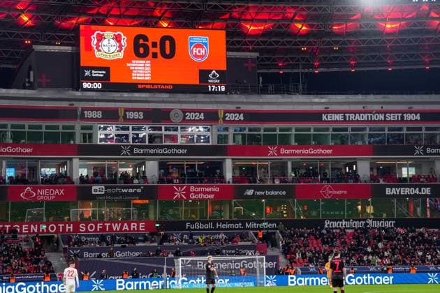 LEVERKUSEN, GERMANY - NOVEMBER 8: The scoreboard shows the final result of 6-0 during the Bundesliga match between Bayer 04 Leverkusen and 1. FC Heidenheim 1846 at BayArena on November 8, 2025 in Leverkusen, Germany. (Photo by Rene Nijhuis) SPO  Copyright: xRenexNijhuis