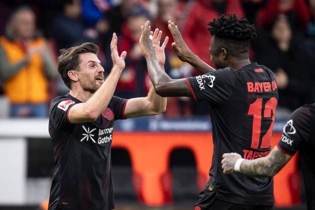 LEVERKUSEN, GERMANY - NOVEMBER 8: Jonas Hofmann (Bayer 04 Leverkusen, 7) celebrates his goal with Edmond Tapsoba (Bayer 04 Leverkusen, 12) during the Bundesliga match (gameday 10) between Bayer 04 Leverkusen vs. 1. FC Heidenheim at BayArena on November 8, 2025 in Leverkusen, Germany. (Photo by Axel Kohring Beautiful Sports) DFL REGULATIONS PROHIBIT ANY USE OF PHOTOGRAPHS AS IMAGE SEQUENCES AND OR QUASI-VIDEO. Nordrhein-Westfalen Germany Copyright: xBEAUTIFULxSPORTS AxelxKohringx