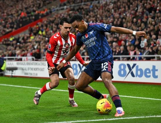 Jurrien Timber of Arsenal fends off Enzo Le Fee of Sunderland Sunderland v Arsenal, Premier League, Football, Stadium of Light, Sunderland, UK - 08 Nov 2025Sunderland Stadium of Light United Kingdom EDITORIAL USE ONLY No use with unauthorised audio, video, data, fixture lists, club league logos or live services. Online in-match use limited to 120 images, no video emulation. No use in betting, games or single club league player publications. Copyright: xRichardxLee Shutterstockx 15702163s