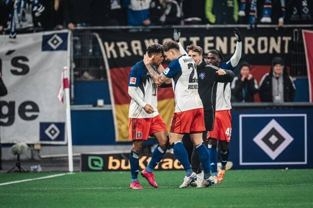 Soccer Men Season 2025 2026 1 Soccer Bundesliga 10 Matchday Hamburger SV vs Borussia Dortmund 08 11 2025 v l Goal celebration Ransford Yeboah Königsdörffer 11, HSV and Nicolai Remberg 21, HSV Hamburg Volksparkstadion Hamburg Germany