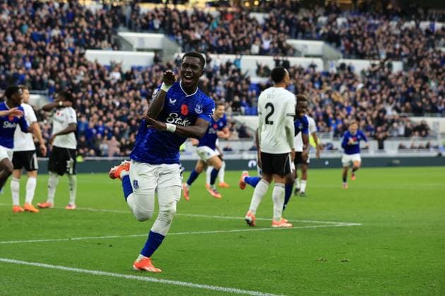 8th November 2025; Hill Dickinson Stadium, Liverpool, England; Premier League Football, Everton versus Fulham; Idrissa Gana Gueye of Everton celebrates after scoring for 1-0 after 4 minutes of added time at the end of the first half  DavidxBlunsden