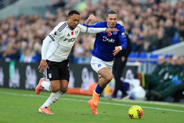 8th November 2025; Hill Dickinson Stadium, Liverpool, England; Premier League Football, Everton versus Fulham; Jack Grealish of Everton takes on Kenny Tete of Fulham  DavidxBlunsden