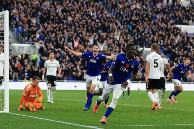 8th November 2025; Hill Dickinson Stadium, Liverpool, England; Premier League Football, Everton versus Fulham; Idrissa Gana Gueye of Everton celebrates after scoring for 1-0 after 4 minutes of added time at the end of the first half  DavidxBlunsden