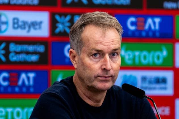 LEVERKUSEN, GERMANY - NOVEMBER 8: Bayer 04 Leverkusen head coach Kasper Hjulmand attends a press conference, PK, Pressekonferenz after the Bundesliga match between Bayer 04 Leverkusen and 1. FC Heidenheim 1846 at BayArena on November 8, 2025 in Leverkusen, Germany. (Photo by Rene Nijhuis) SPO  Copyright: xRenexNijhuis