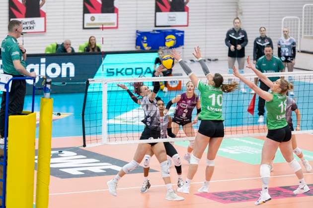 DVV Cup Round of 16 Womens Black and White Erfurt vs Black and White Erfurt vs USC Münster Erfurt 08 11 2025 Isabel Kova i 11 Black and White Erfurt vs Amelie Strothoff 10 USC Münster and Diane Seybering right DVV Cup Round of 16 Womens Black and White Erfurt vs Black and White Erfurt vs USC Münster Riethsporthalle Erfurt 08 11 2025 Copyright: xBEAUTIFULxSPORTS Duehringx