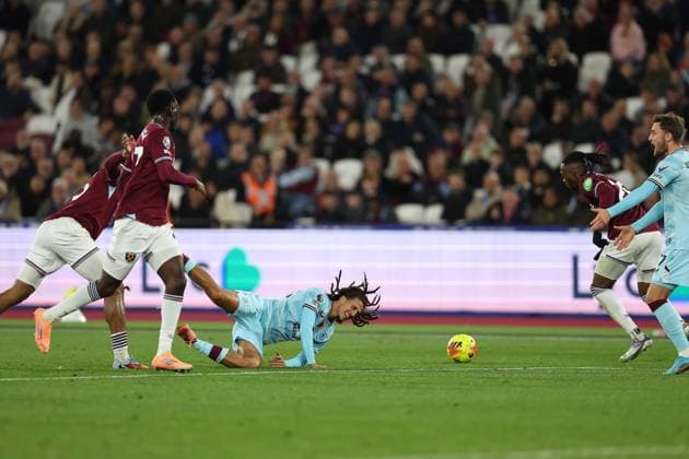 8th November 2025; London Stadium, London, England; Premier League Football, West Ham United versus Burnley; Hannibal Mejbri of Burnley is fouled by Jean-Clair Todibo of West Ham United  KatiexChan