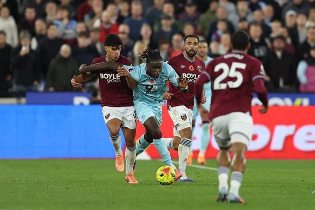 8th November 2025; London Stadium, London, England; Premier League Football, West Ham United versus Burnley; Lesley Ugochukwu of Burnley is fouled by Mateus Fernandes of West Ham United  KatiexChan