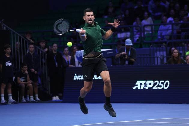 Novak Djokovic vs Yannick Hanfmann - ATP, Tennis Herren 250 tournament ATHENS, GREECE - NOVEMBER 8: Novak Djokovic of Serbia in action against Lorenzo Musetti (not seen) of Italy during the Hellenic Championship ATP 250 final tennis match, at OAKA Olympic Athletic Center in Athens, Greece, on November 8, 2025. Costas Baltas Anadolu Athens Greece. Editorial use only. Please get in touch for any other usage.  Copyright: x2025xAnadoluxCostasxBaltasx