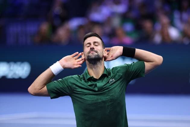Novak Djokovic vs Yannick Hanfmann - ATP, Tennis Herren 250 tournament ATHENS, GREECE - NOVEMBER 8: Novak Djokovic of Serbia gestures as he celebrates his victory against Lorenzo Musetti (not seen) of Italy during the Hellenic Championship ATP 250 final tennis match, at OAKA Olympic Athletic Center in Athens, Greece, on November 8, 2025. Costas Baltas Anadolu Athens Greece. Editorial use only. Please get in touch for any other usage.  Copyright: x2025xAnadoluxCostasxBaltasx