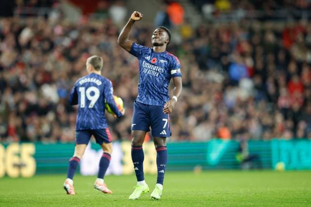8th November 2025; Stadium of Light, Sunderland, England; Premier League Football, Sunderland versus Arsenal; Bukayo Saka of Arsenal celebrates scoring his sides first goal of the match in the 54th minute for 1-1  CraigxCowan