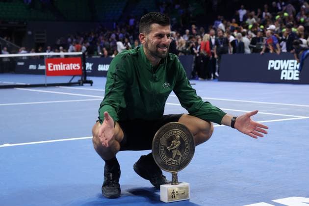 Novak Djokovic vs Yannick Hanfmann - ATP, Tennis Herren 250 tournament ATHENS, GREECE - NOVEMBER 8: Novak Djokovic of Serbia celebrates with the trophy after defeating Lorenzo Musetti of Italy in the Hellenic Championship ATP 250 final tennis match at OAKA Olympic Athletic Center in Athens, Greece, on November 8, 2025. Costas Baltas Anadolu Athens Greece. Editorial use only. Please get in touch for any other usage.  Copyright: x2025xAnadoluxCostasxBaltasx