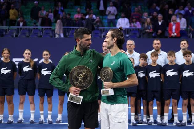 Novak Djokovic vs Yannick Hanfmann - ATP, Tennis Herren 250 tournament ATHENS, GREECE - NOVEMBER 8: Novak Djokovic of Serbia (L) and Lorenzo Musetti of Italy (R) pose with their trophies after the Hellenic Championship ATP 250 final tennis match at OAKA Olympic Athletic Center in Athens, Greece, on November 8, 2025. Costas Baltas Anadolu Athens Greece. Editorial use only. Please get in touch for any other usage.  Copyright: x2025xAnadoluxCostasxBaltasx