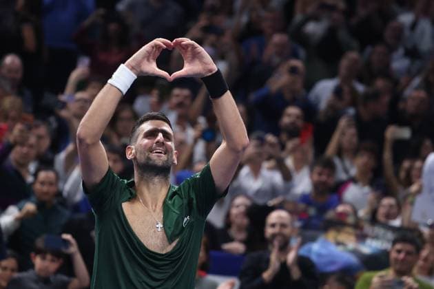 Novak Djokovic vs Yannick Hanfmann - ATP, Tennis Herren 250 tournament ATHENS, GREECE - NOVEMBER 8: Novak Djokovic of Serbia celebrates with a heart gesture and his shirt torn after defeating Lorenzo Musetti of Italy in the Hellenic Championship ATP 250 final tennis match at OAKA Olympic Athletic Center in Athens, Greece, on November 8, 2025. Costas Baltas Anadolu Athens Greece. Editorial use only. Please get in touch for any other usage.  Copyright: x2025xAnadoluxCostasxBaltasx