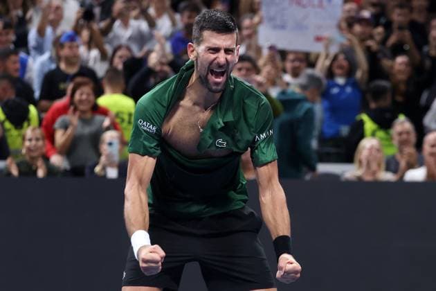 Novak Djokovic vs Yannick Hanfmann - ATP, Tennis Herren 250 tournament ATHENS, GREECE - NOVEMBER 8: Novak Djokovic of Serbia celebrates with his shirt torn after defeating Lorenzo Musetti of Italy in the Hellenic Championship ATP 250 final tennis match at OAKA Olympic Athletic Center in Athens, Greece, on November 8, 2025. Costas Baltas Anadolu Athens Greece. Editorial use only. Please get in touch for any other usage.  Copyright: x2025xAnadoluxCostasxBaltasx