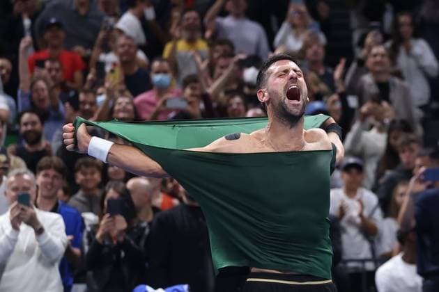 Novak Djokovic vs Yannick Hanfmann - ATP, Tennis Herren 250 tournament ATHENS, GREECE - NOVEMBER 8: Novak Djokovic of Serbia celebrates by tearing his shirt after defeating Lorenzo Musetti of Italy in the Hellenic Championship ATP 250 final tennis match at OAKA Olympic Athletic Center in Athens, Greece, on November 8, 2025. Costas Baltas Anadolu Athens Greece. Editorial use only. Please get in touch for any other usage.  Copyright: x2025xAnadoluxCostasxBaltasx