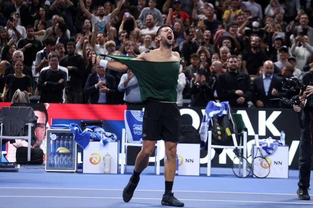 Novak Djokovic vs Yannick Hanfmann - ATP, Tennis Herren 250 tournament ATHENS, GREECE - NOVEMBER 8: Novak Djokovic of Serbia celebrates by tearing his shirt after defeating Lorenzo Musetti of Italy in the Hellenic Championship ATP 250 final tennis match at OAKA Olympic Athletic Center in Athens, Greece, on November 8, 2025. Costas Baltas Anadolu Athens Greece. Editorial use only. Please get in touch for any other usage.  Copyright: x2025xAnadoluxCostasxBaltasx