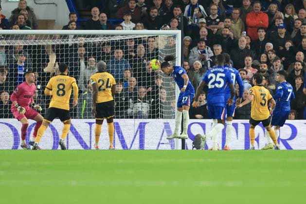 8th November 2025; Stamford Bridge, Chelsea, London, England: Premier League Football, Chelsea versus Wolverhampton Wanderers; Malo Gusto of Chelsea scores with a header to put Chelsea 1-0 up in the 51st minute  IanxStephen