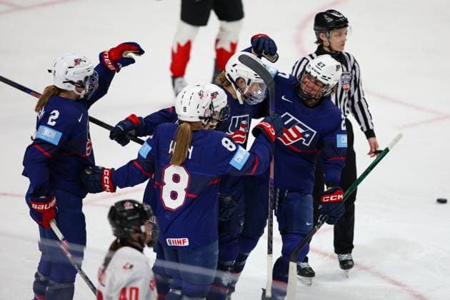 November 8th 2025: Team USA forwards Hayley Scamurra (16) and Taylor Heise (27) celebrate a goal in the third period in a game against Team Canada. Team USA WomenÃ¢â‚¬â ¢s national team, Nationalteam hosted the Canadian WomenÃ¢â‚¬â ¢s National Team in a Canada USA Rivalry Series game at Key Bank Center in Buffalo, New York. ( CSM) - ZUMAc04_ 20251108_zma_c04_510 Copyright: xJonathanxTencax