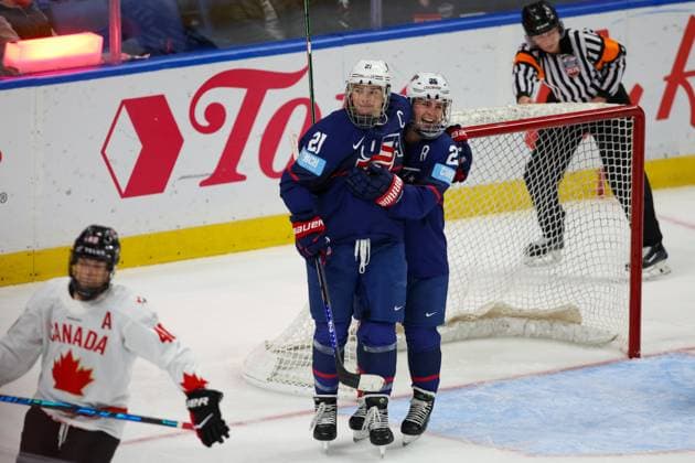 November 8th 2025: Team USA forwards Hilary Knight (21) and Alex Carpenter (25) celebrate a goal in the third period in a game against Team Canada. Team USA WomenÃ¢â‚¬â ¢s national team, Nationalteam hosted the Canadian WomenÃ¢â‚¬â ¢s National Team in a Canada USA Rivalry Series game at Key Bank Center in Buffalo, New York. ( CSM) - ZUMAc04_ 20251108_zma_c04_481 Copyright: xJonathanxTencax