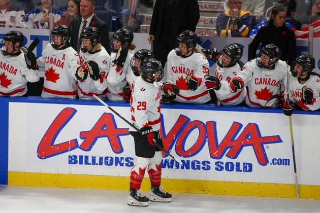 November 8th 2025: Team Canada forward Marie-Philip Poulin (29) celebrates a goal in the second period in a game against Team USA. Team USA WomenÃ¢â‚¬â ¢s national team, Nationalteam hosted the Canadian WomenÃ¢â‚¬â ¢s National Team in a Canada USA Rivalry Series game at Key Bank Center in Buffalo, New York. ( CSM) - ZUMAc04_ 20251108_zma_c04_468 Copyright: xJonathanxTencax