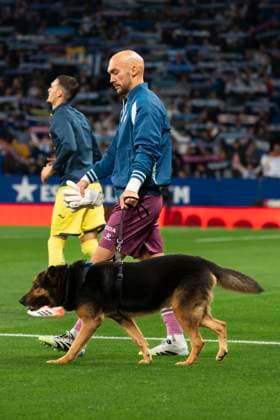 RCD Espanyol de Barcelona v Villarreal CF - LaLiga EA Sports Marko Dmitrovic is with a dog during the LaLiga EA Sports match between RCD Espanyol and Villarreal CF at the RCD Stadium in Barcelona, Spain, on November 8, 2025. Barcelona Spain  Copyright: xRubenxDexLaxRosax originalFilename:delarosa-rcdespan251108_npeDH.jpg