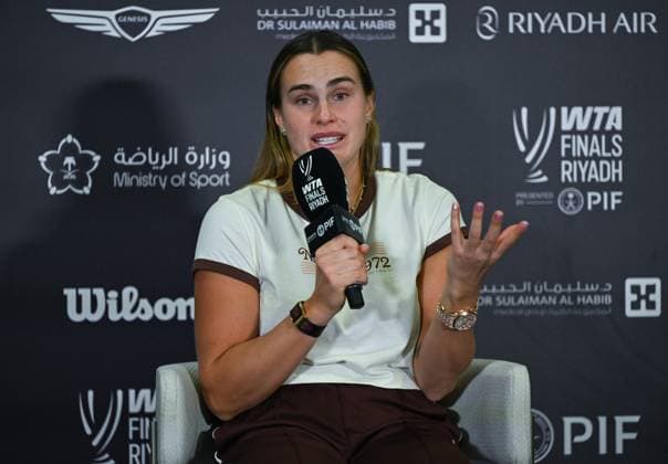 WTA, Tennis Damen Finals 2025 - Final Singles RIYADH, SAUDI ARABIA NOVEMBER 8, 2025: Runner-up Aryna Sabalenka speaks to the media after losing the singles final to Elena Rybakina of Kazakhstan at the 2025 WTA Finals, part of the Hologic WTA Tour, at King Saud University Indoor Arena in Riyadh, Saudi Arabia, on November 8, 2025. Riyadh Saudi Arabia  Copyright: xSTRx originalFilename:str-wtafinal251108_npD6V.jpg