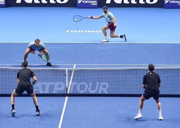 November 9, 2025, Turin, Italy: Kevin Krawietz of Germany and Tim Puetz of Germany plays match against Marcel Granollers of Spain and Horacio Zeballos of Argentina during the match of Nitto ATP, Tennis Herren Finals in Turin, 9 november 2025 ANSA ALESSANDRO DI MARCO. Nitto ATP Finals, Al Via A Torino Il Torneo Dei Migliori Al Mondo  - ZUMAa110 20251109_zaf_a110_013 Copyright: xAlessandroxDixMarcox