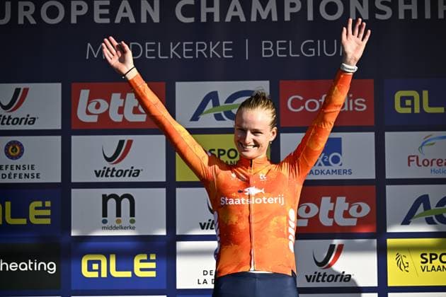 Dutch Leonie Bentveld celebrates on the podium after winning the U23 women race at the UEC Cyclocross European Championships, Sunday 09 November 2025, in Middelkerke. JASPERxJACOBS  x140412735x