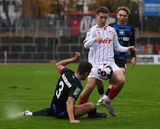 09 11 2025, xophax, Soccer Regionalliga SC Fortuna Köln vs SC Paderborn 07 U23 V l n right Kerem Yalcin Paderborn , Jonas Michelbrink Fortuna Köln Julius Bugenhagen Paderborn DFL DFB REGULATIONS PROHIBIT ANY USE OF PHOTOGRAPHS as IMAGE SEQUENCES and or QUASI VIDEO Koeln