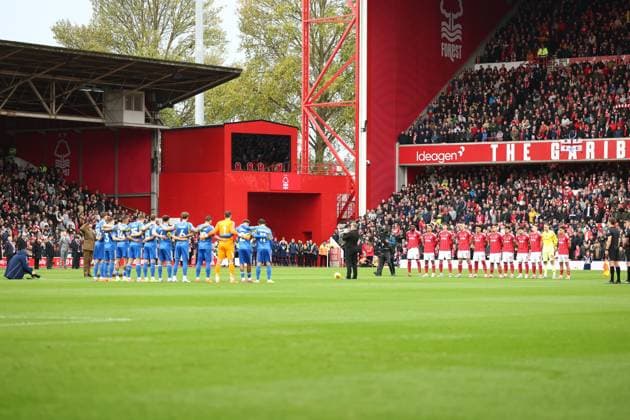 Players line up ahead of the game Nottingham Forest v Leeds United, Premier League, Football, City Ground, Nottingham, UK - 09 Nov 2025Nottingham City Ground United Kingdom EDITORIAL USE ONLY No use with unauthorised audio, video, data, fixture lists, club league logos or live services. Online in-match use limited to 120 images, no video emulation. No use in betting, games or single club league player publications.  Copyright: xRyanxBrowne Shutterstockx 15702262ax