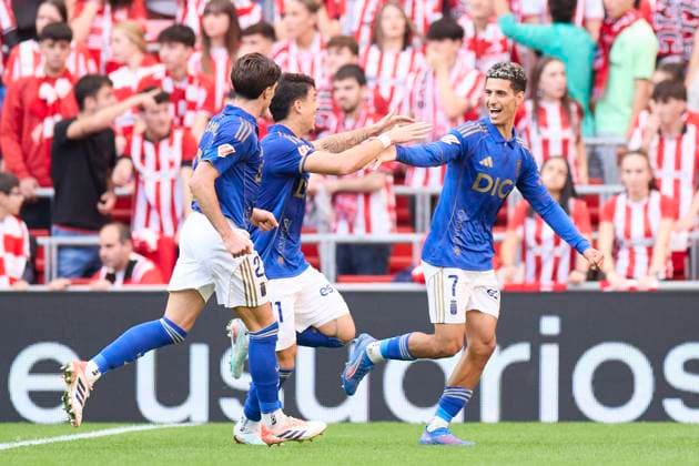 November 9, 2025, Bilbao, Vizcaya, SPAIN: Ilyas Chaira of Real Oviedo celebrates after scoring the team s first goal which was later disallowed by VAR during the LaLiga EA Sports match between Athletic Club and Real Oviedo at San Mames on November 9, 2025, in Bilbao, Spain. Bilbao SPAIN - ZUMAa181 20251109_zaa_a181_080 Copyright: xRicardoxLarreinax