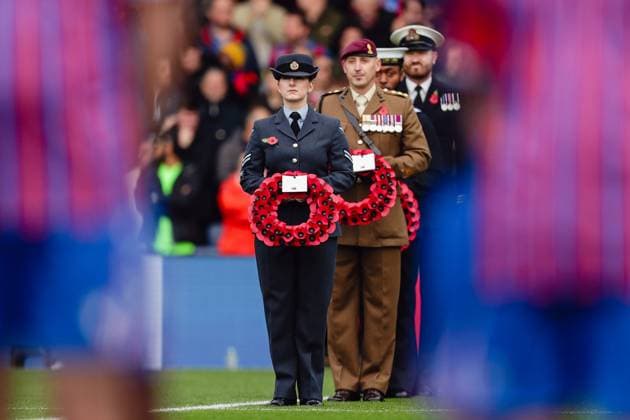 Representatives of the armed forces perform a wreath laying ceremony prior to the Premier League game between Crystal Palace and Brighton and Hove Albion at Selhurst Park in London, England. Copyright: xLiamxAsman SPPx Sportspressphoto_SPR59544