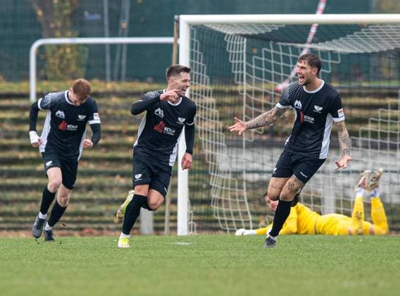 Soccer, Men, Season 2025 2026, Regionalliga Nordost 15 Matchday , BFC Preussen 1 FC Lokomotive Leipzig, f l Nikolas Frank Preussen , Philip Fontein Preussen , Lenny Stein Preussen , Cheering after goal to 1 0, 09 11 2025, Copyright: xSebastianxRäppold MatthiasxKochx