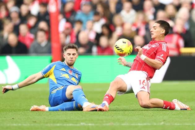 Anton Stach of Leeds United and Nicolas Dominguez of Nottingham Forest Nottingham Forest v Leeds United, Premier League, Football, City Ground, Nottingham, UK - 09 Nov 2025Nottingham City Ground United Kingdom EDITORIAL USE ONLY No use with unauthorised audio, video, data, fixture lists, club league logos or live services. Online in-match use limited to 120 images, no video emulation. No use in betting, games or single club league player publications.  Copyright: xRyanxBrowne Shutterstockx 15702262bx
