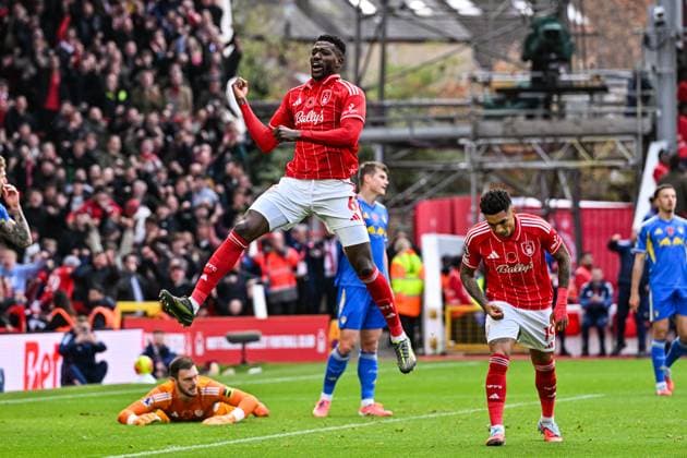 9th November 2025; The City Ground, Nottingham, England; Premier League Football, Nottingham Forest versus Leeds United; Ibrahim Sangare of Nottingham Forest celebrates after scoring in the 15th minute to make the score 1-1  GodfreyxPitt