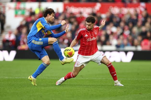 Brenden Aaronson of Leeds United and Neco Williams of Nottingham Forest Nottingham Forest v Leeds United, Premier League, Football, City Ground, Nottingham, UK - 09 Nov 2025Nottingham City Ground United Kingdom EDITORIAL USE ONLY No use with unauthorised audio, video, data, fixture lists, club league logos or live services. Online in-match use limited to 120 images, no video emulation. No use in betting, games or single club league player publications.  Copyright: xRyanxBrowne Shutterstockx 15702262by