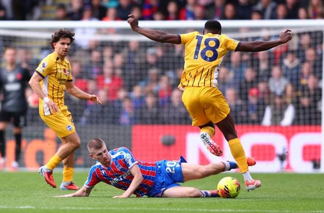 London, England, 9th November 2025. Adam Wharton of Crystal Palace wins the ball from Danny Welbeck of Brighton and Hove Albion during the Crystal Palace vs Brighton and Hove Albion Premier League match at Selhurst Park, London. Picture credit should read: Paul Terry Sportimage EDITORIAL USE ONLY. No use with unauthorised audio, video, data, fixture lists, club league logos or live services. Online in-match use limited to 120 images, no video emulation. No use in betting, games or single club league player publications. SPI_011_PT_Crystal_Palace_Brighton SPI-4277-0011